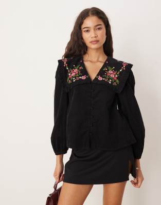 Nobody's Child Eloise Cord Embroidered Collar Smock Blouse In Blue