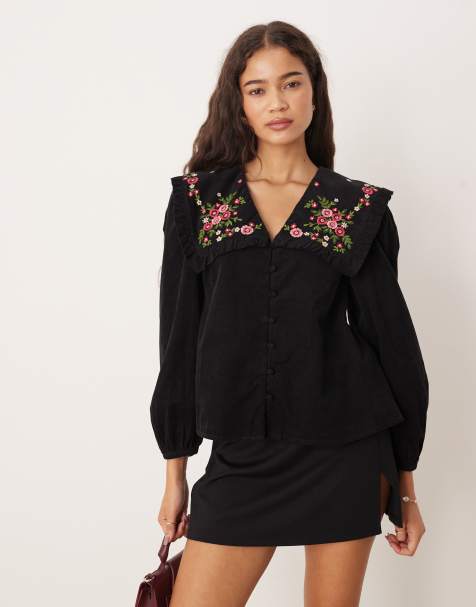 Nobody's Child Eloise cord embroidered collar smock blouse in black