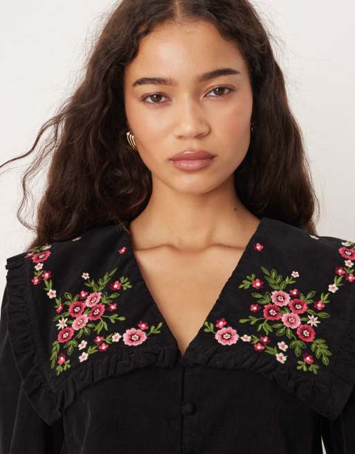 Nobody's Child Eloise cord embroidered collar smock blouse in black, 3 of 4