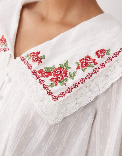 Nobody's Child Eloise cotton rich oversized embroidered collar blouse in white, 4 of 4