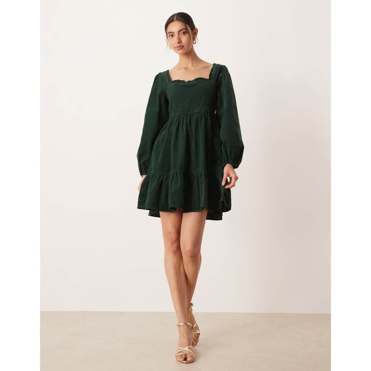 Nobody's Child Elsa cord balloon sleeve tiered mini dress in green