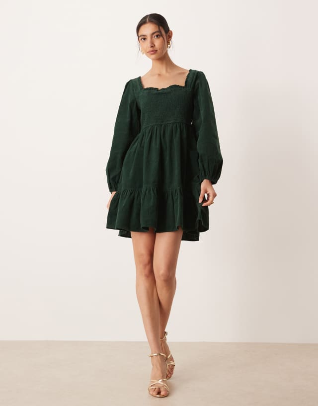 Nobody's Child Elsa cord balloon sleeve tiered mini dress in green