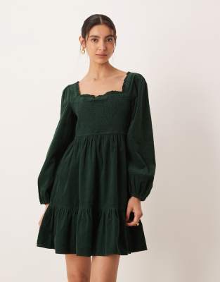 Nobody's Child Elsa cord balloon sleeve tiered mini dress in green
