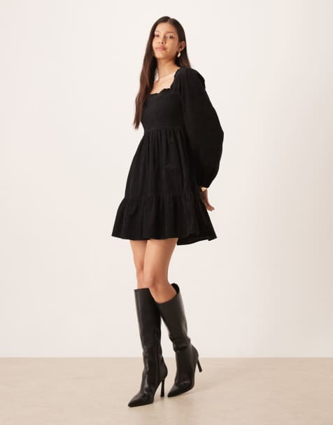 Nobody's Child Elsa corduroy tiered mini dress with balloon sleeves in black - view 1