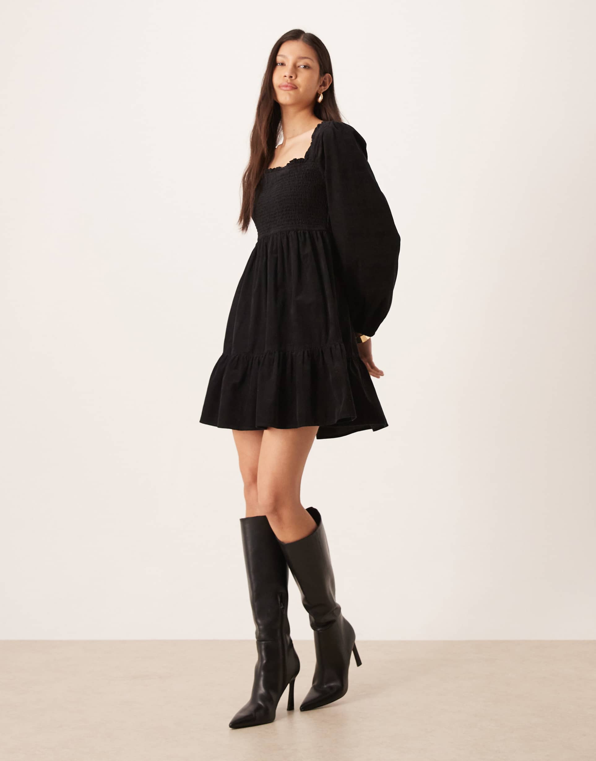 nobody's child elsa corduroy tiered mini dress with balloon sleeves in black