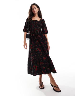 Nobody's Child - Elsa - Gesmoktes Midaxikleid mit Rosenprint-Bunt