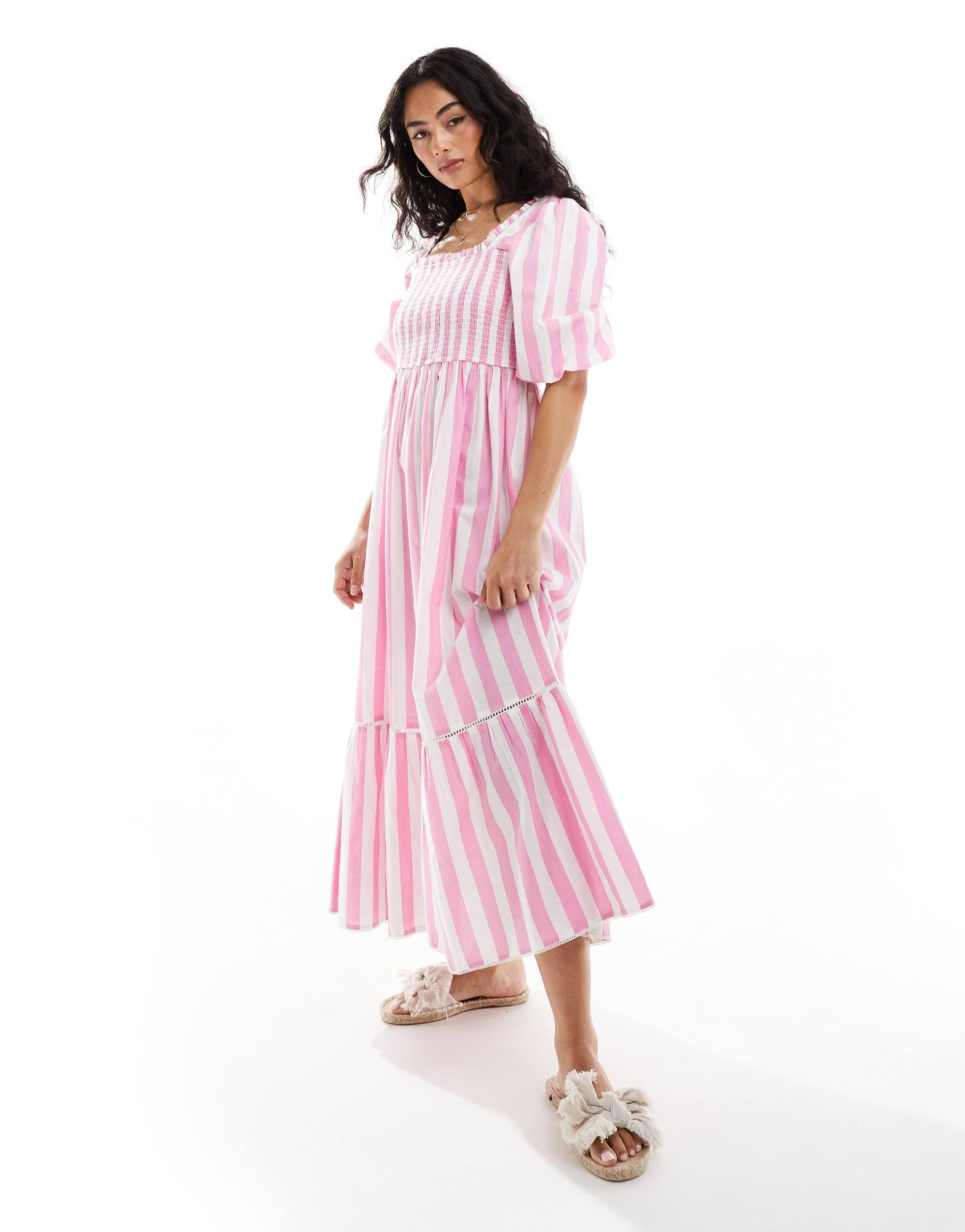 nobody's child elsa midaxi dress in pink stripe