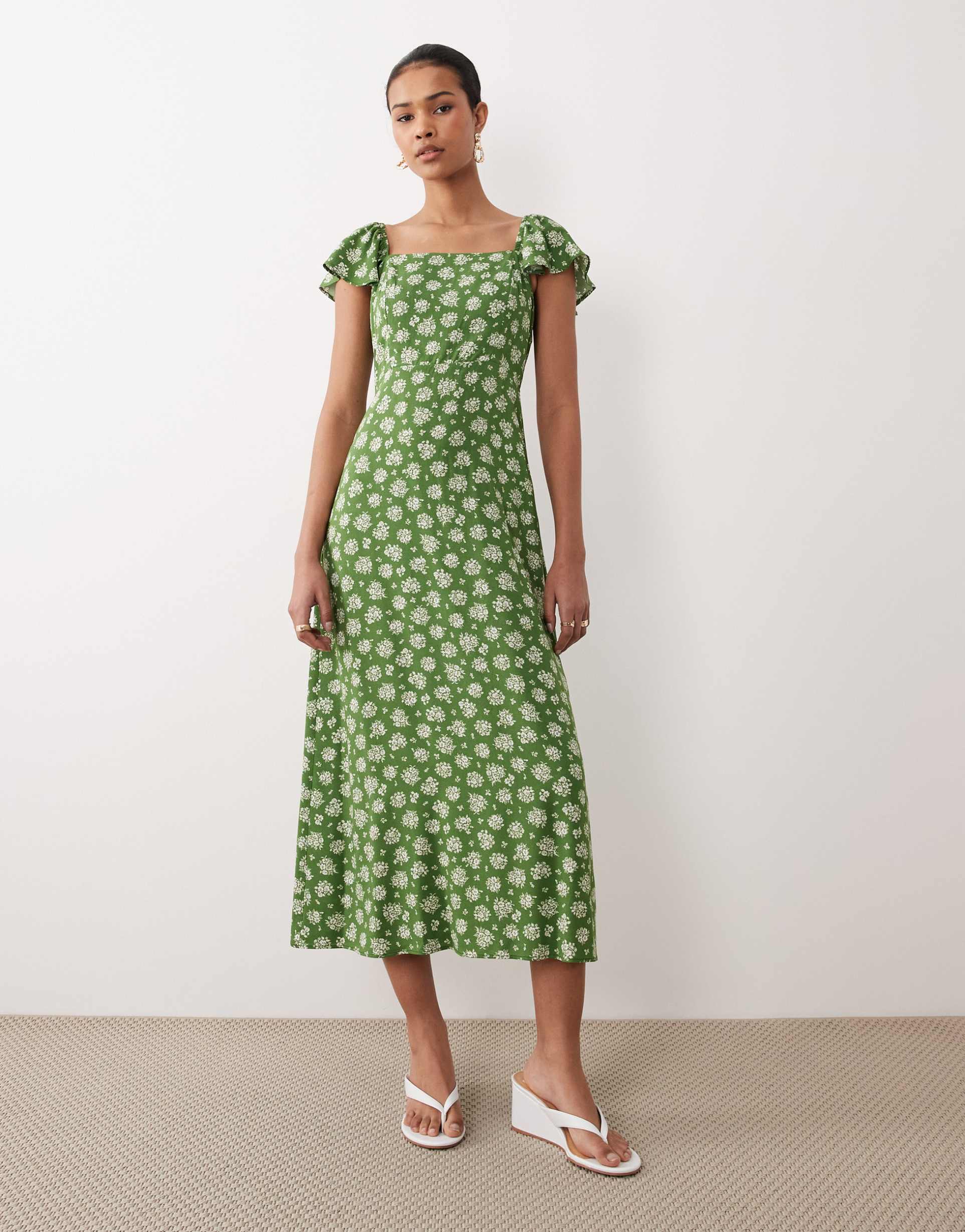 nobody's child elsie midi dress in green print