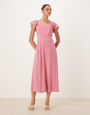 Nobody's Child - Elsie - Midikleid in Rosa mit Flatterärmeln und Rosenknospen-Muster