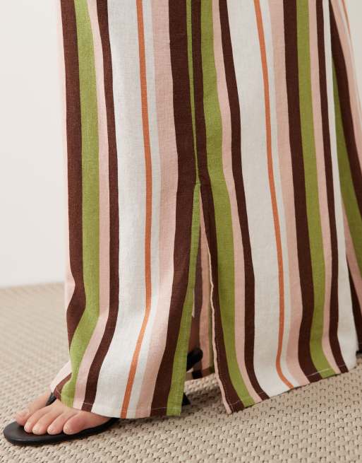Nobody's Child Elstow linen blend drawstring waist wide leg trouser co-ord in multi stripe, 3 of 5