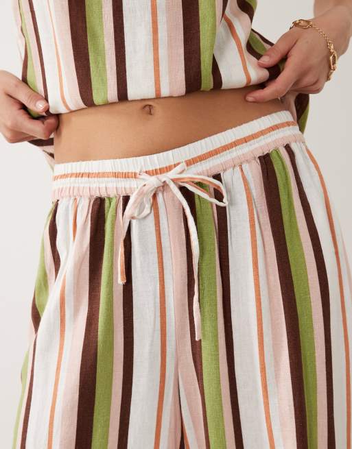Nobody's Child Elstow linen blend drawstring waist wide leg trouser co-ord in multi stripe, 4 of 5