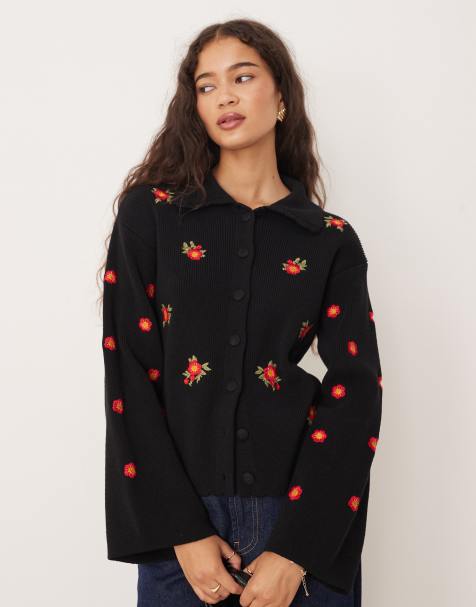 Nobody's Child embroidered button up cardigan with scallop collar in black