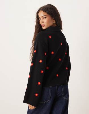 Nobody's Child Embroidered Button Up Cardigan With Scallop Collar In Black