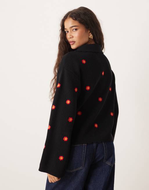 Nobody's Child embroidered button up cardigan with scallop collar in black, 2 of 4