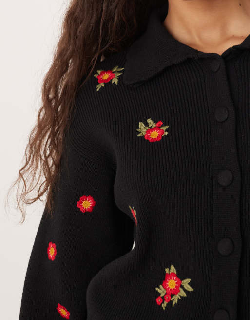 Nobody's Child embroidered button up cardigan with scallop collar in black, 3 of 4