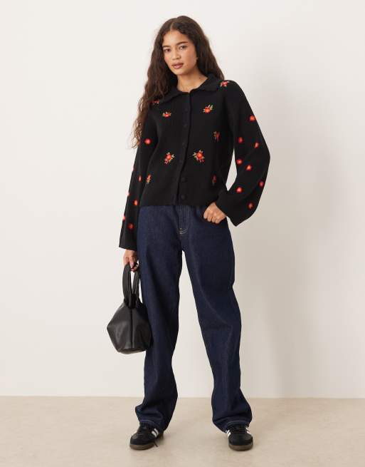Nobody's Child embroidered button up cardigan with scallop collar in black, 4 of 4