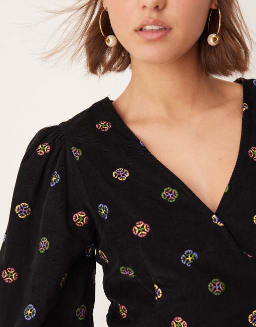 Nobody's Child embroidered cord mini dress in black, 2 of 4