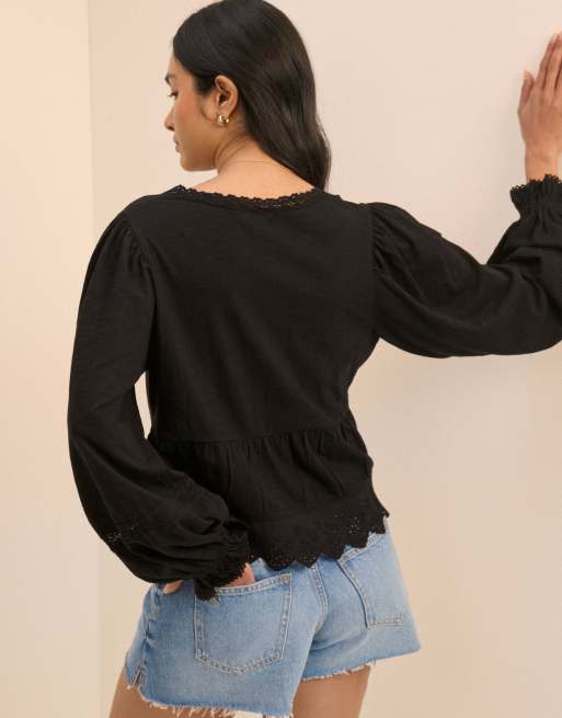 Nobody's Child Embroidered cotton tie front blouse in black, 2 of 5