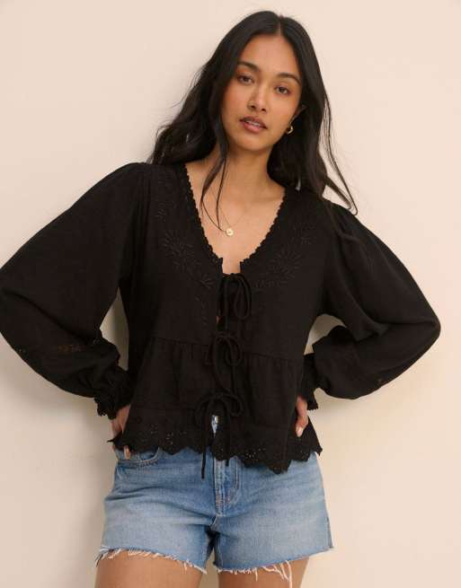 Nobody's Child Embroidered cotton tie front blouse in black, 4 of 5