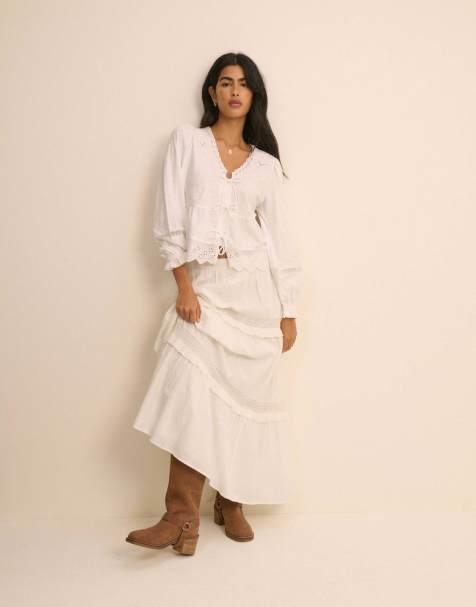 Nobody's Child Embroidered cotton tie front blouse in white - view 1
