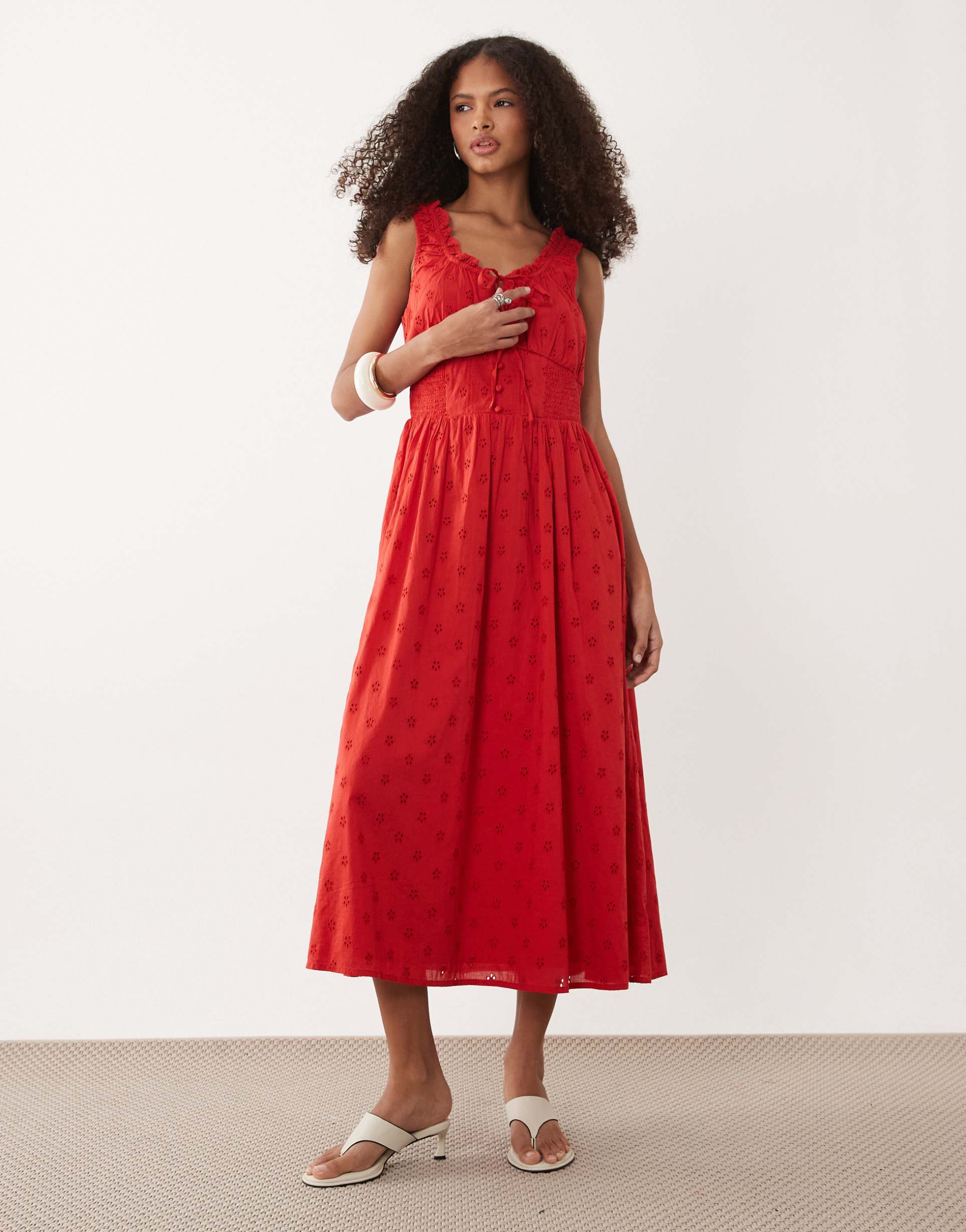 nobody's child embroidered floral milkmaid midi dress in red
