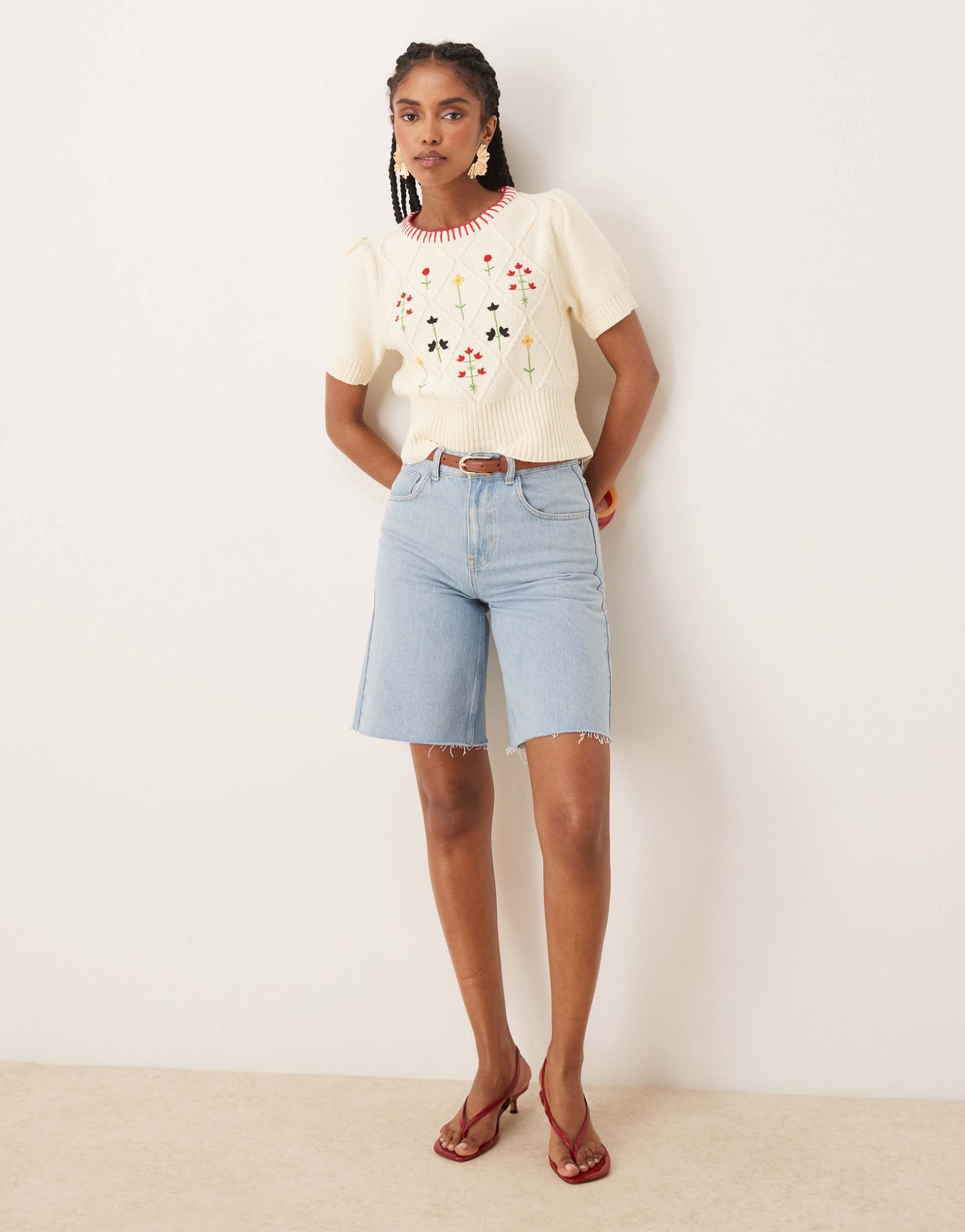 nobody's child embroidered knitted crop top in cream