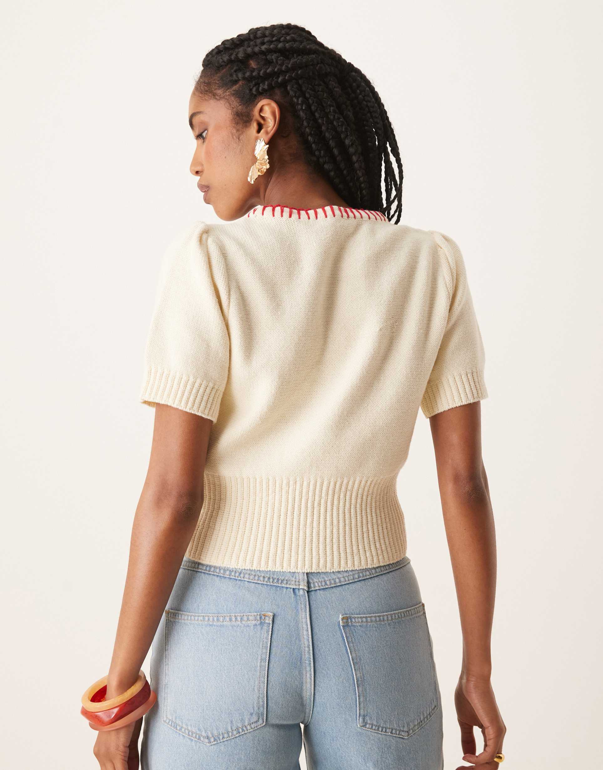 nobody's child embroidered knitted crop top in cream