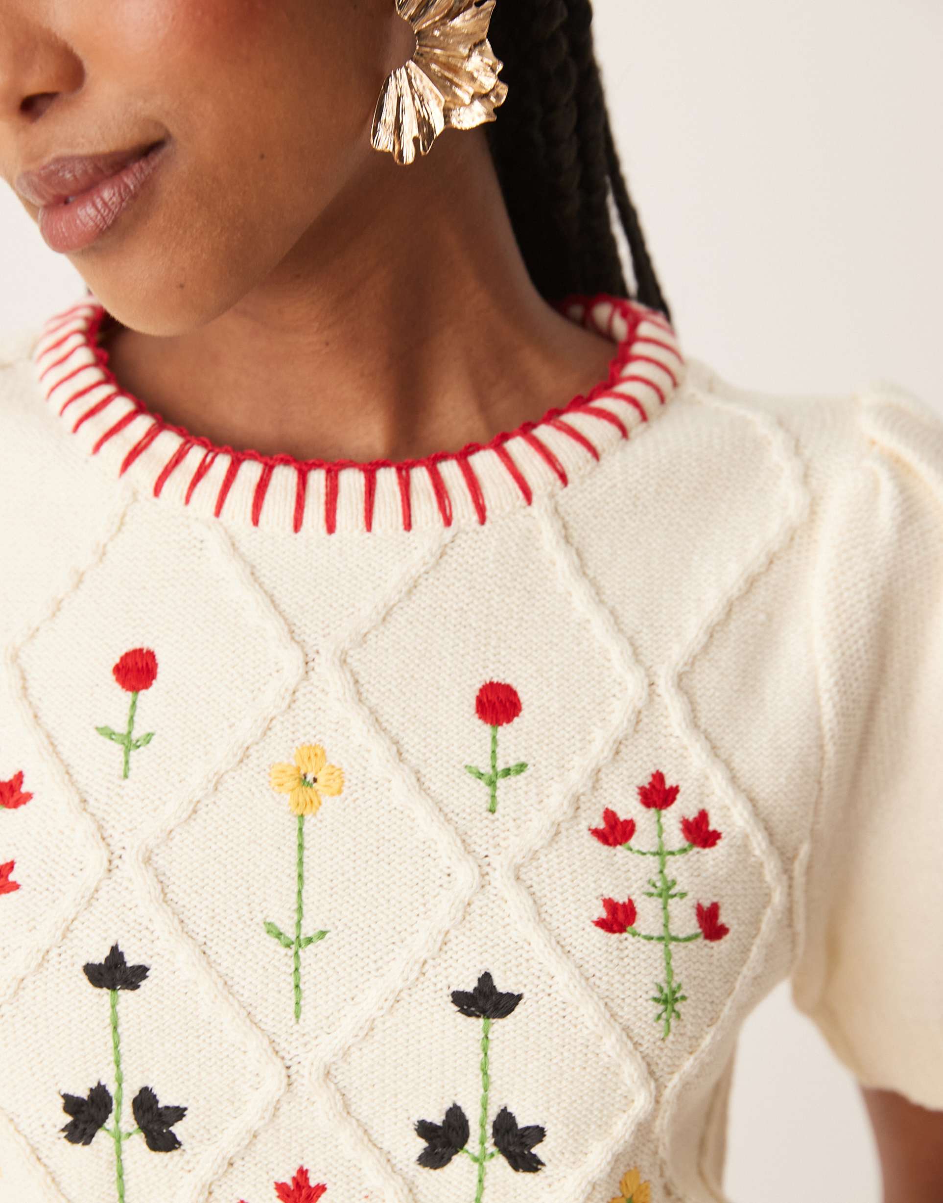 nobody's child embroidered knitted crop top in cream