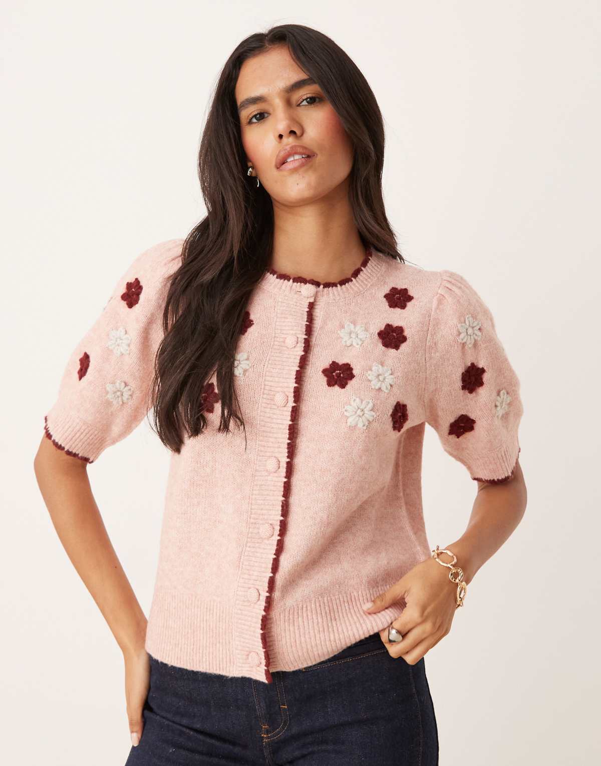 Nobody's Child embroidered puff sleeve cardigan in pink