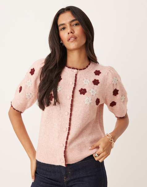 Nobody's Child embroidered puff sleeve cardigan with wool in pink - view 1