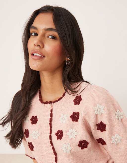 Nobody's Child embroidered puff sleeve cardigan with wool in pink, 3 of 4