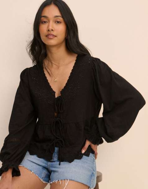 Nobody's Child Embroidered tie front blouse in black - view 1
