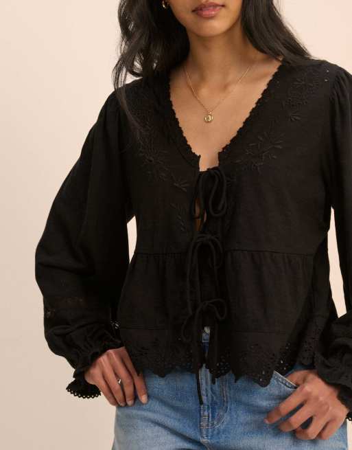 Nobody's Child Embroidered tie front blouse in black, 5 of 5