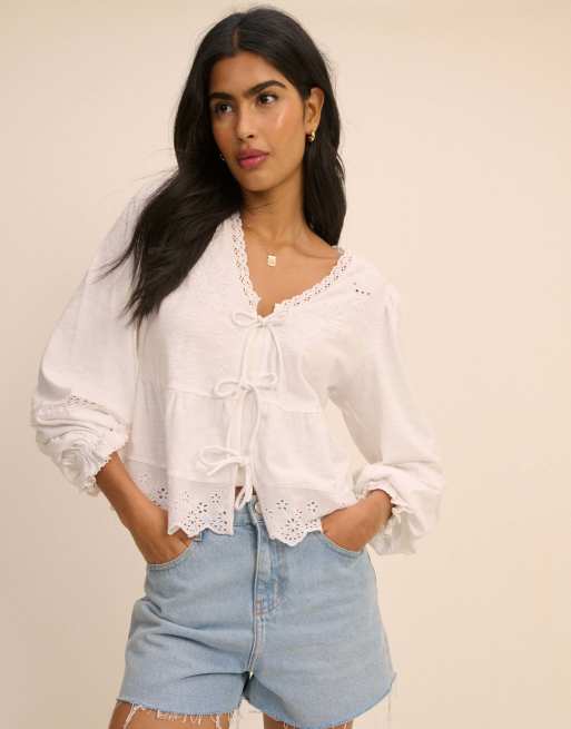 Nobody's Child Embroidered tie front blouse in white, 3 of 5