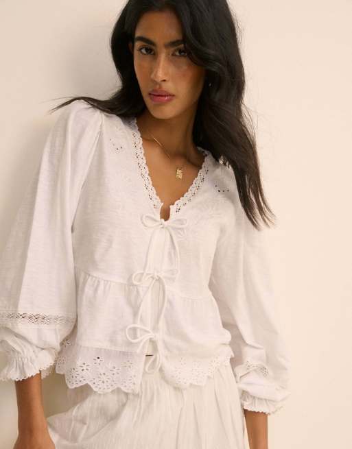 Nobody's Child Embroidered tie front blouse in white, 4 of 5