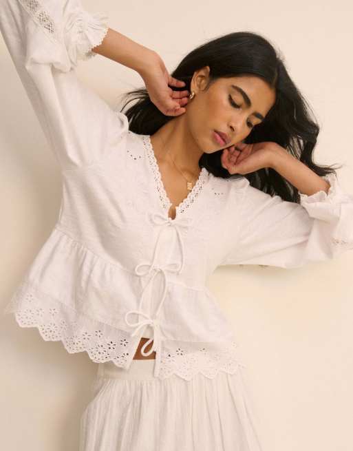 Nobody's Child Embroidered tie front blouse in white, 5 of 5