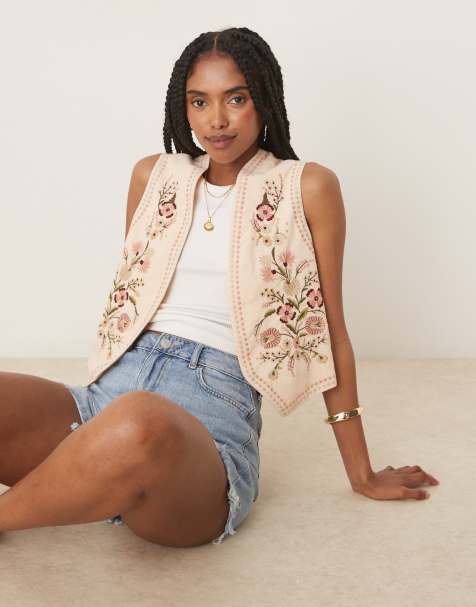 Nobody's Child embroidered waistcoat with studded trim in ivory - view 1