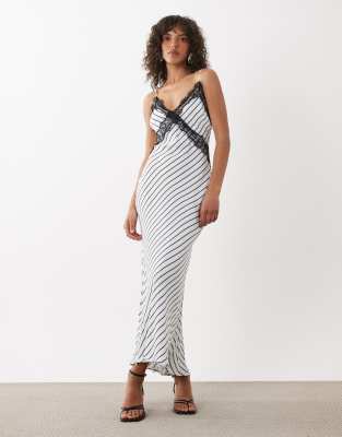 Emerson - Robe longue rayée en satin et dentelle à fines bretelles - Blanc 36