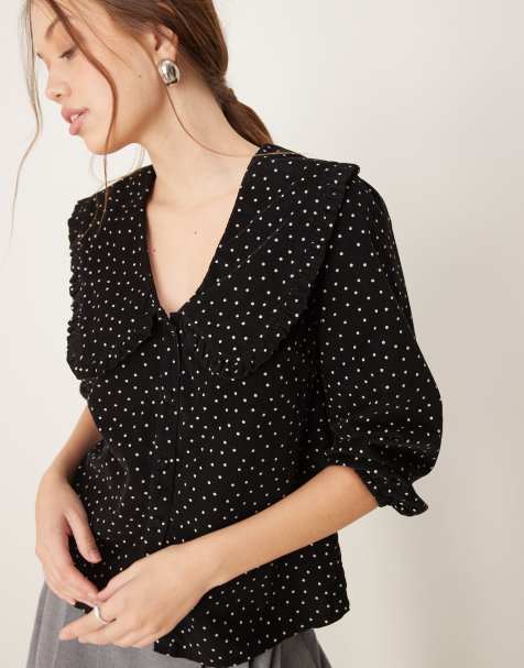 Nobody's Child - Emmie - Blouse van corduroy met kraagje en print in zwart - view 1