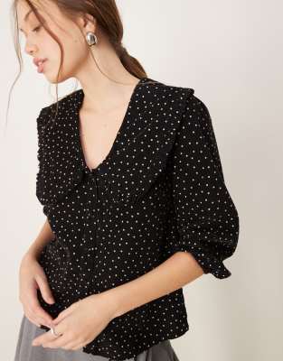 Emmie cord blouse with collar in black spot print-Multi