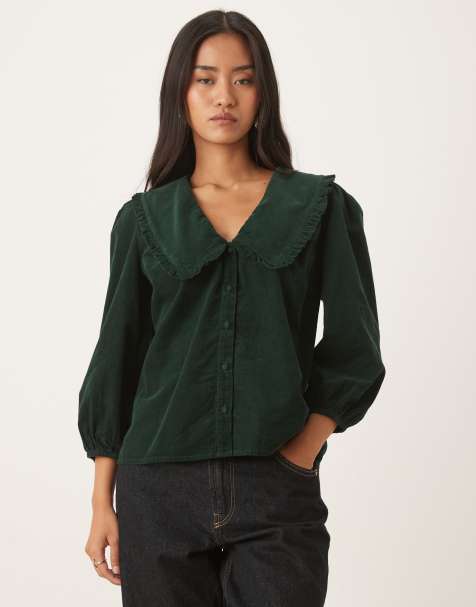 Nobody's Child Emmie cord blouse with oversized collar in dark green - view 1