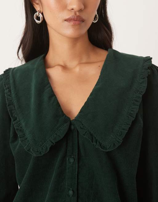 Nobody's Child Emmie corduroy blouse with oversized collar in dark green, 3 of 4