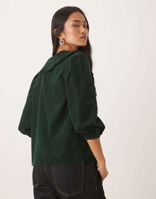 Nobody's Child Emmie corduroy blouse with oversized collar in dark green, 4 of 4