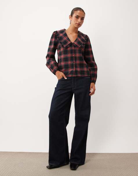 Nobody's Child Emmie cotton oversized frill trim collar button front blouse in red check - view 1
