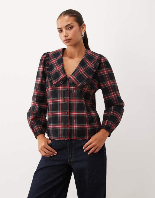 Nobody's Child Emmie cotton oversized frill trim collar button front blouse in red check, 2 of 4