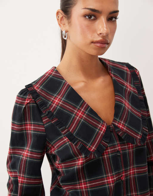 Nobody's Child Emmie cotton oversized frill trim collar button front blouse in red check, 3 of 4