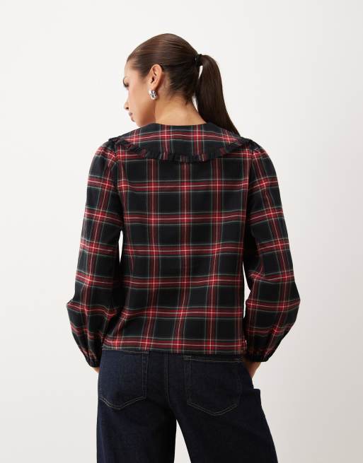 Nobody's Child Emmie cotton oversized frill trim collar button front blouse in red check, 4 of 4