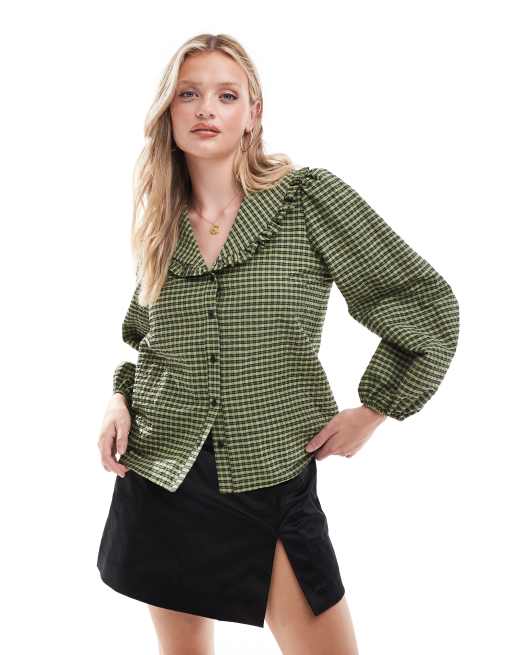 Nobody's Child – Emmie – Grön, ginghamrutig blus med oversize krage
