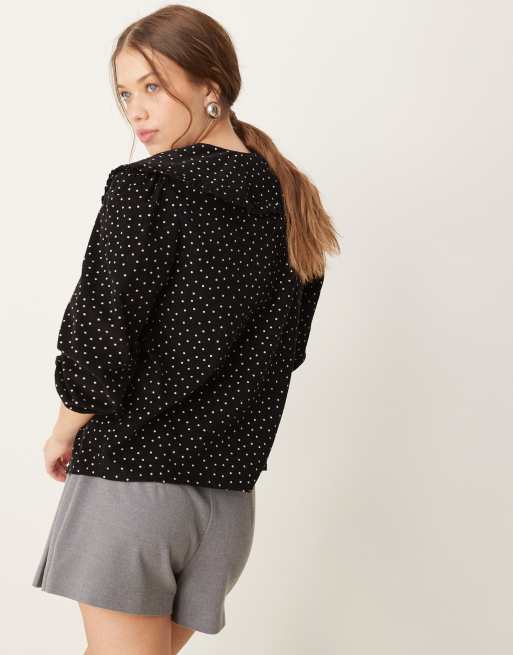 Nobody's Child – Emmie – Svart, prickig blus i manchester med krage, 3 av 4