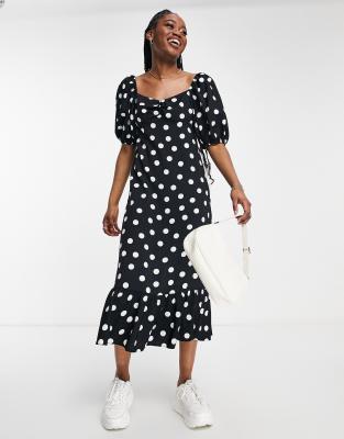 Nobody's Child Empire Waist Tea Dress In Black Polka Dot